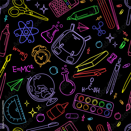 Seamless pattern with bright school supplies, science symbols,educational elements.backpacks,books, globes, mathematical formulas. for backgrounds, stationery, textile, wrapping, school designs.Vector
