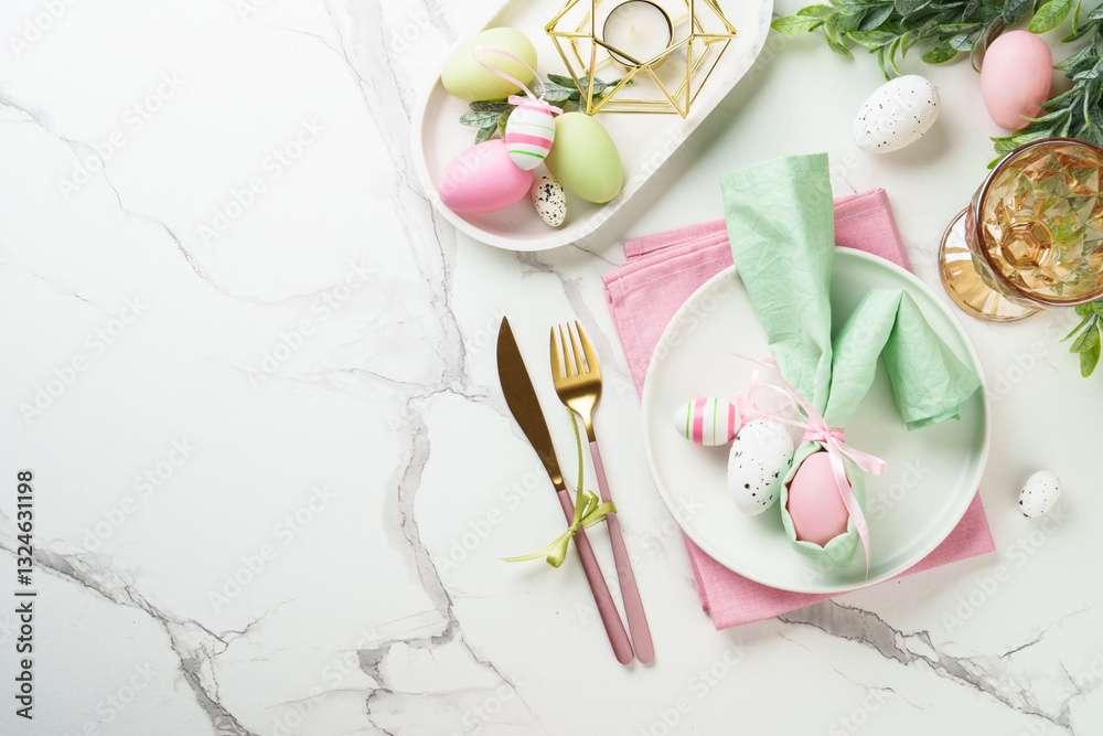 Easter table setting on white background.