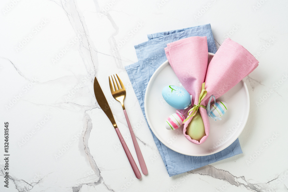 Easter food or table setting on white background.