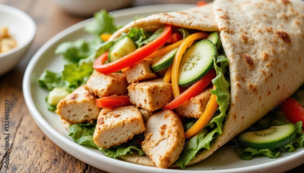 This dish features tender grilled chicken wrapped in a warm tortilla with a colorful array of crisp fresh vegetables and crisp lettuce This dish features tender grilled chicken wrapped in a warm tortilla with a colorful array of crisp fresh vegetables and crisp lettuce