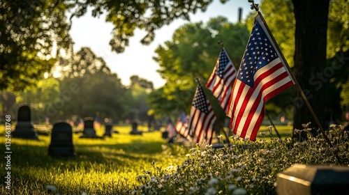 American Flags Stand Tall At Sunset, A Solemn Tribute Amidst A Peaceful Cemetery Bathed In Warm Golden Light