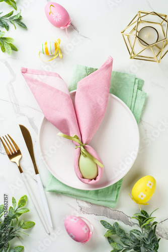 Easter food or table setting on white background.