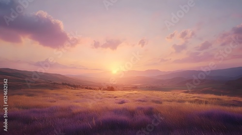 Serene Sunset over Rolling Lavender Fields.