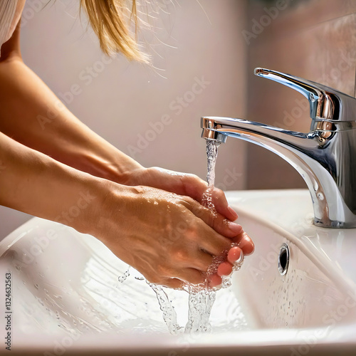 Woman washing her hands in the sink and the concept of cleanliness or the theme of obsessive compulsive disorder. Woman washing hands in bathroom.