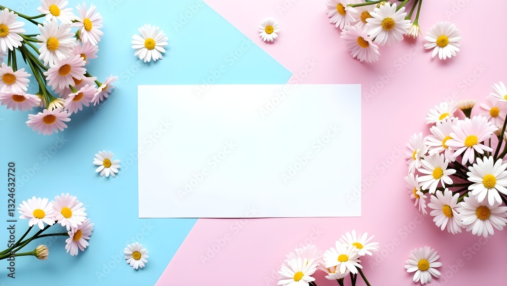 Fototapeta premium blank white card in the center of a pastel-colored background, divided into two sections. The left section is a soft blue, and the right section is a soft pink.