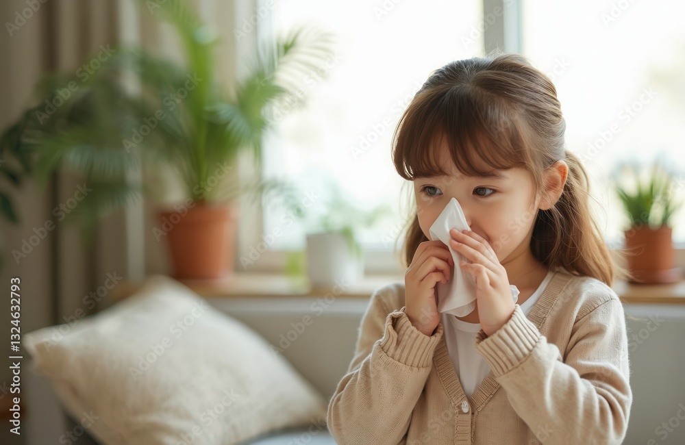 Young girl blowing nose into tissue at home. Seasonal illnesses in childhood, influenza scene. Child with runny nose using paper handkerchief, ill from cold. Kids health, virus protection, disease Young girl blowing nose into tissue at home. Seasonal illnesses in childhood, influenza scene. Child with runny nose using paper handkerchief, ill from cold. Kids health, virus protection, disease