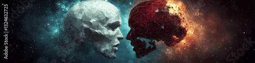 Stunning Vector Art of Dual Human Faces Facing Off in Cosmic Space with Geometric Design and Fiery Explosions Showcasing Light vs Dark Conceptual Digital Illustration