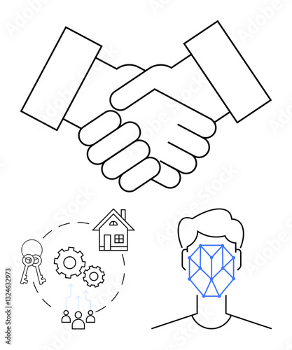 Handshake representing agreement, face recognition mesh, house with keys, gear system, and people icons. Ideal for business, teamwork, technology real estate partnerships automation. Flat simple