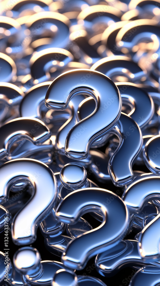 Obraz premium Close-up of numerous metallic question marks, shiny chrome texture, creating a dense, inquisitive visual, symbolizing uncertainty, questioning, and the search for answers.