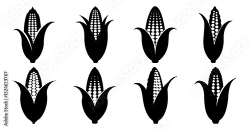 Collection of eight black corn cob icons on white background. Perfect for agricultural, food, and harvest designs.