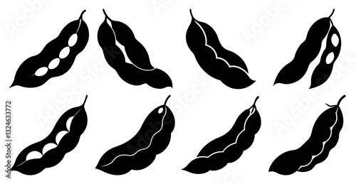 Collection of Soybean Pod Icons, Black and White Silhouettes for Agriculture, Food, and Health Designs