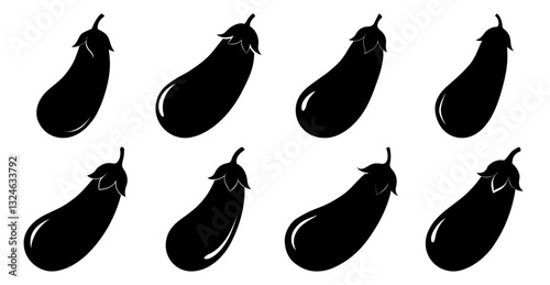 Collection of eggplant silhouettes, perfect for culinary designs, healthy eating concepts, or farm fresh illustrations.