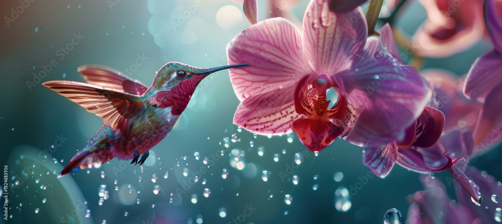Fototapeta premium Delicate Beauty of a Hummingbird Near Exotic Orchid for Fragrance Campaign Design