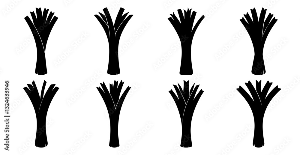 Fototapeta premium Collection of eight leek silhouettes, isolated on white background. Perfect for culinary, farm to table, or healthy eating concepts.