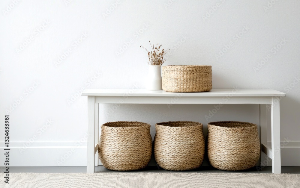 Fototapeta premium Woven Baskets and Dried Flowers on White Bench