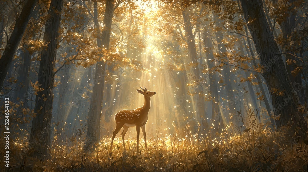 Fototapeta premium Majestic deer in sunlit autumn forest.