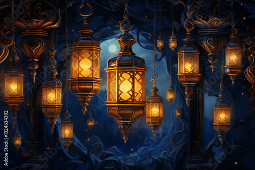 Ornate lanterns cast a warm glow over a deep blue and gold backdrop