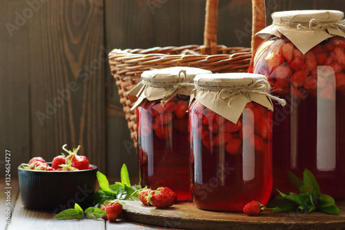 Jars with strawberry compote with fresh berry and mint leaves on wood and rustic background, cottagecore aesthetic, copy space, batch cooking, sustainable living, zero waste storage concept