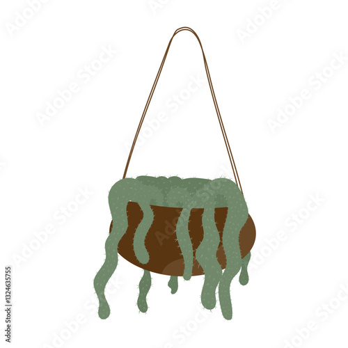 Hanging monkey tail cactus in brown pot isolated on white background. Cleistocactus colademononis plant design. Potted home flower icon. Botanical art drawing. Internal decoration
