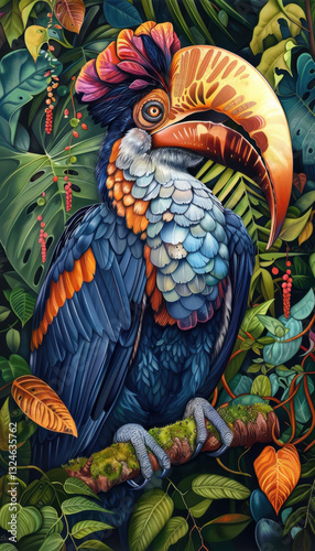 Hornbill in Lush Jungle Setting Highlighting Vivid Plumage and Curved Beak Detail