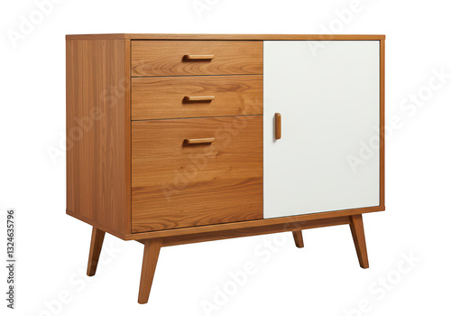 A stylish mid-century modern wooden cabinet with a minimalist design isolated on transparent background