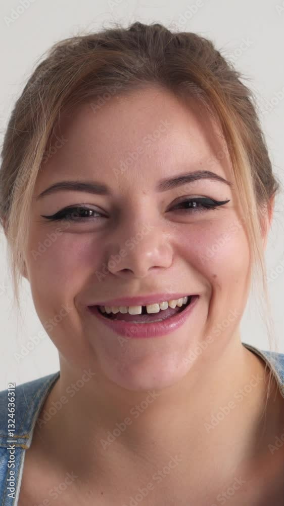 Close-up portrait of a relaxed and positive plus size woman laughing on a white background, conveying satisfaction and joy. Vertical video. Close-up portrait of a relaxed and positive plus size woman laughing on a white background, conveying satisfaction and joy. Vertical video.