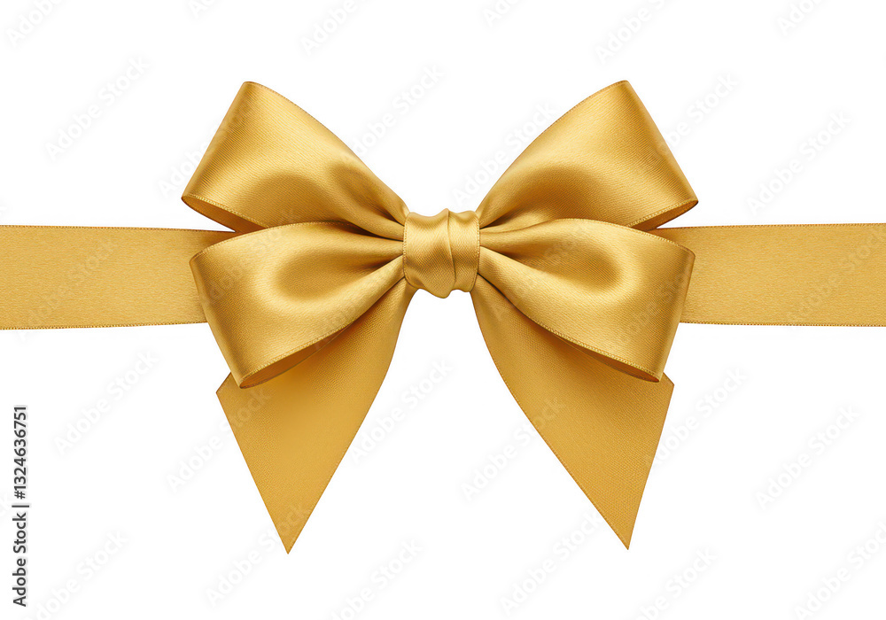 Fototapeta premium A luxurious gold satin bow with symmetrical loops and long trailing ribbon ends isolated on transparent background