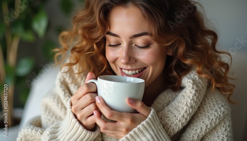 Relaxed woman enjoying calming herbal tea wrapped in a warm cozy blanket at home, creating a serene and comforting atmosphere perfect for unwinding and self-care on a peaceful day