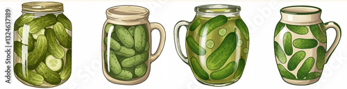 Jars of Pickled Cucumbers Watercolor Clipart - Watercolor illustration of four jars filled with pickled cucumbers. Symbolizing preservation, freshness, homemade goodness, tangy flavor photo