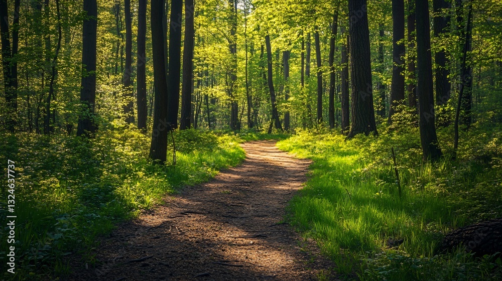 Enchanting Spring Forest Path in Lush Greenery - Scenic View Enchanting Spring Forest Path in Lush Greenery - Scenic View