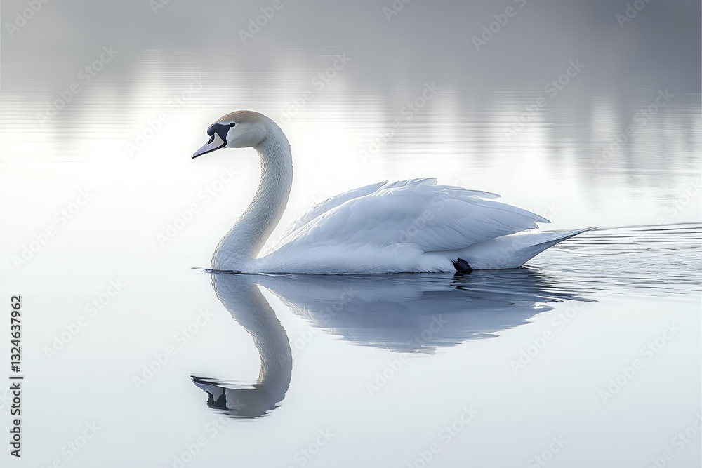 Fototapeta premium A serene swan gliding across a calm lake, reflecting its beauty in the gentle water, surrounded by a misty landscape.