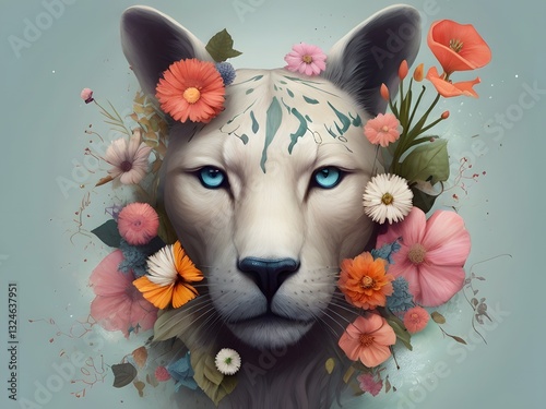 A surreal digital painting of a woman's face merging with blooming flowers symbolizing