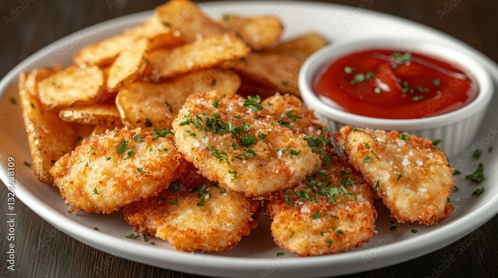 Crispy Chicken Tenders & Potato Wedges on Plate Crispy Chicken Tenders & Potato Wedges on Plate