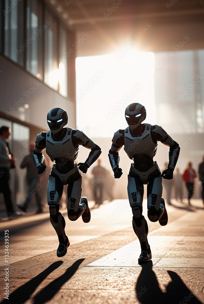 Obraz premium Futuristic Robots Running in Urban Setting