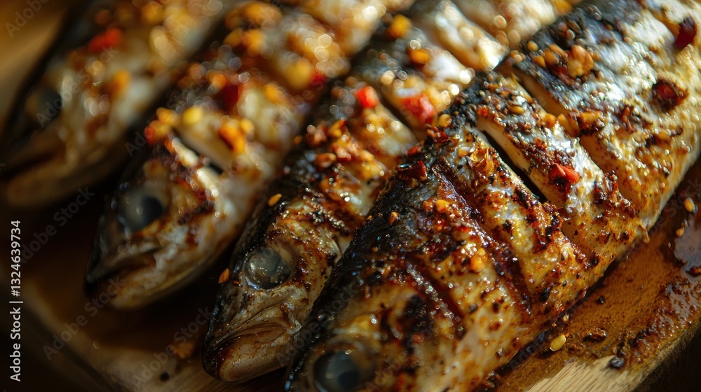 Close-up of grilled fish seasoned with herbs and spices. Close-up of grilled fish seasoned with herbs and spices.