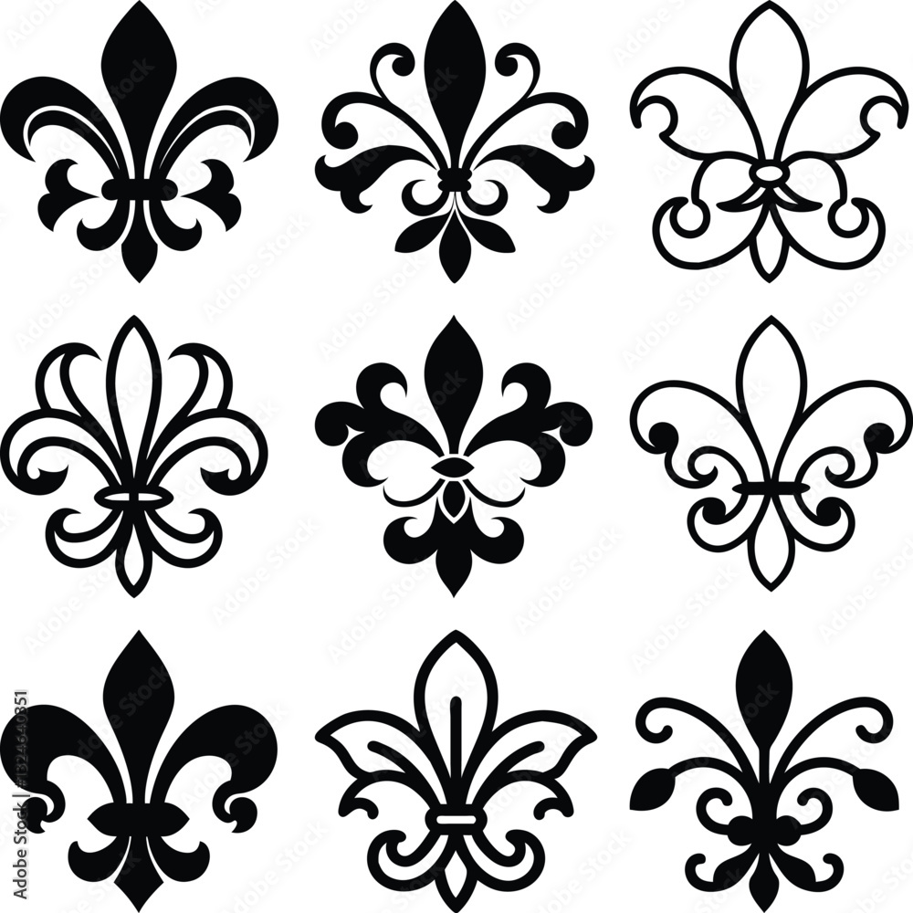 Elegant Fleur-de-lis Design Collection for Decorative Use.A set of nine distinct fleur-de-lis designs in black and white. Elegant Fleur-de-lis Design Collection for Decorative Use.A set of nine distinct fleur-de-lis designs in black and white.