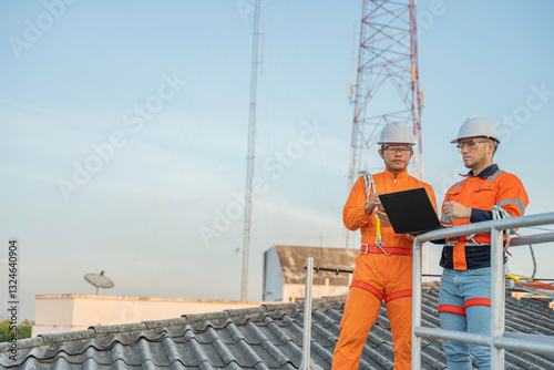 Telecommunication Engineers Working on 5G Tower,Technicians Climbing High Telecom Poles,Ensuring Network Maintenance with Safety Equipment