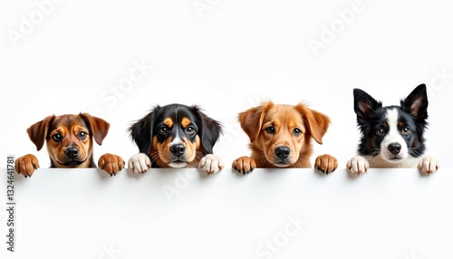 Four cute puppy dogs peeking over blank banner isolated on white background. Puppies hang together paws up, pets look surprised. Group of adorable canine mammal animals needs your message.