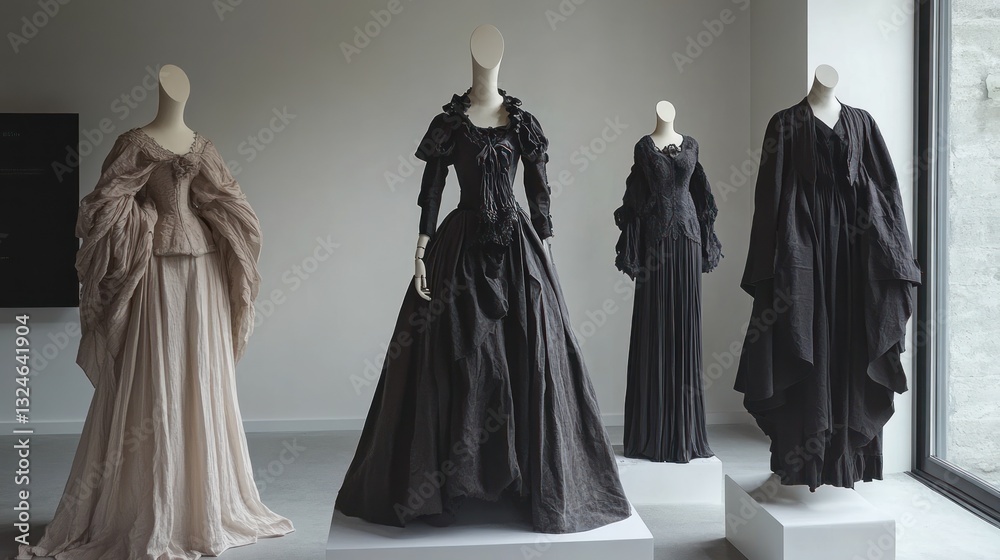 Naklejka premium A quartet of elegantly displayed vintage dresses evoking historical charm
