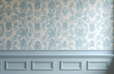 Background of vintage blue, white damask wallpaper with wainscoting. Classic floral pattern, elegant victorian style home decor. Interior wall design in retro house, seamless texture, old fashioned
