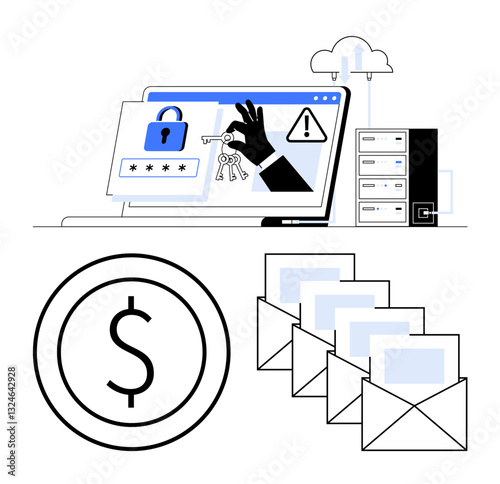 Laptop with hacking elements, ransom, emails, server, and cloud storage highlight digital security risks. Ideal for cybersecurity, hacking alert, data protection, ransomware online threats