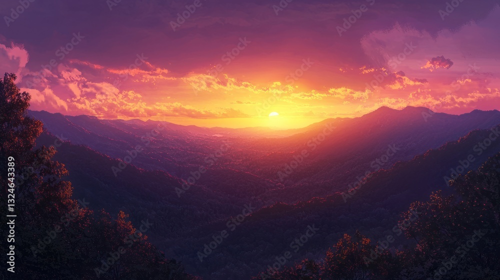 Fototapeta premium Vibrant sunset over majestic mountain range. (1)