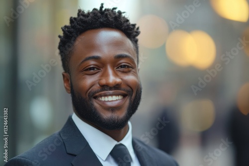 Close up of happy person smiling wearing dark business suit with a blurred city background with soft golden lights on a sunny day