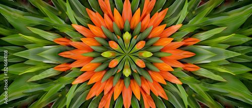 Vibrant Orange Petals And Lush Green Leaves Kaleidoscope Floral Arrangement With Natural Symmetry In Abstract Design for Wallpaper Background
