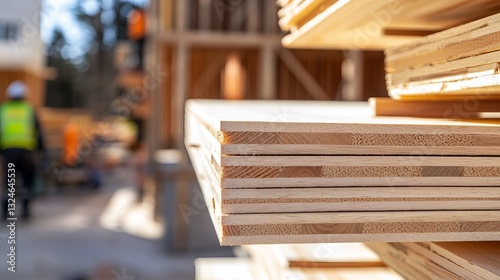 A close-up view of cross-laminated timber wall panels stacked at a construction site, with workers in the background. The panels are used for a modern housing project