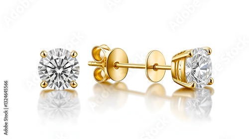 Yellow gold diamond stud earrings. front and side view of solitaire diamond earrings isolated on a white background. Shadowed. Illustration