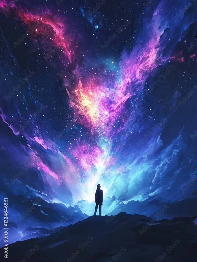 Fototapeta premium Stargazer witnessing radiant Milky Way and cosmic nebula under a surreal night sky