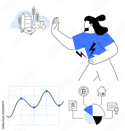 Woman avoiding energy hazards stands near food, energy, finance symbols, graphs, and cryptocurrency. Ideal for sustainability, finance literacy, renewable energy, decision-making eco-awareness