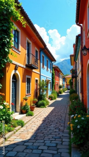 Charming street, colorful houses, lush gardens, landscape, sky