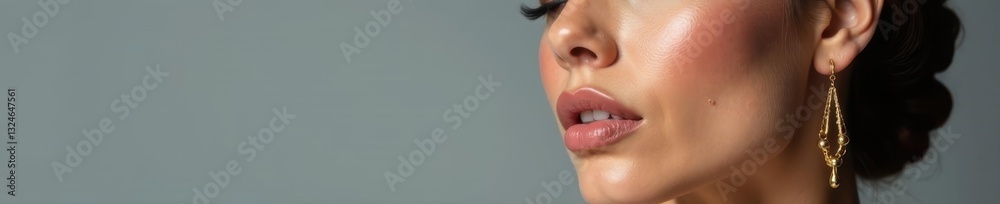 Obraz premium Close-up, glamorous makeup, gold jewelry, grey background, design, cropped